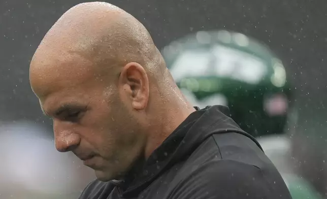 FILE - New York Jets head coach Robert Saleh walks on the field before an NFL football game against the Denver Broncos, Sunday, Sept. 29, 2024, in East Rutherford, N.J. (AP Photo/Seth Wenig, File)