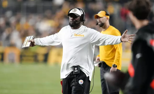 Pittsburgh Steelers head coach Mike Tomlin reacts from the sideline in the first half of an NFL football game against the New York Jets in Pittsburgh, Sunday, Oct. 20, 2024. (AP Photo/Gene J. Puskar)