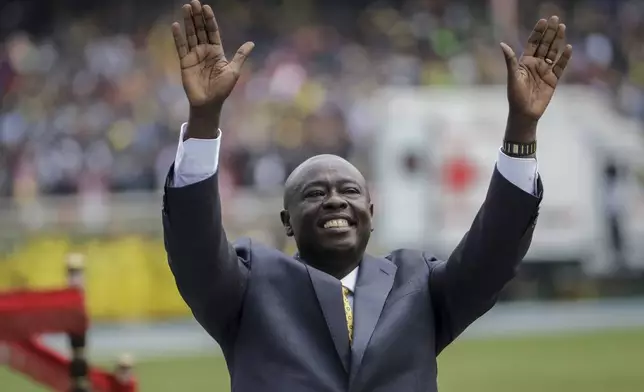 FILE - Kenya's Deputy President Rigathi Gachagua gestures to the crowd at the swearing-in ceremony for Kenya's new president William Ruto, at Kasarani stadium in Nairobi, Kenya Tuesday, Sept. 13, 2022. (AP Photo/Brian Inganga, File)