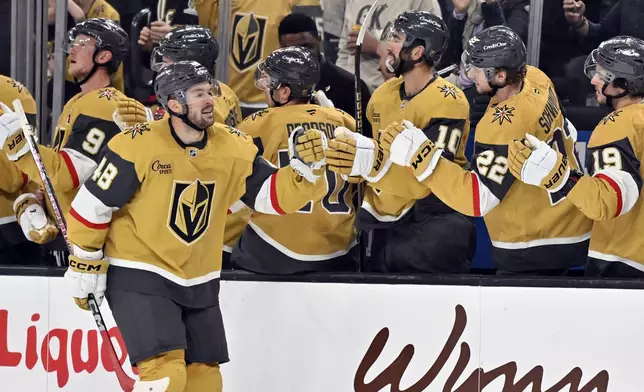 Vegas Golden Knights center Tomas Hertl (48) celebrates a goal against the Los Angeles Kings during the third period of an NHL hockey game Tuesday, Oct. 22, 2024, in Las Vegas. (AP Photo/David Becker)