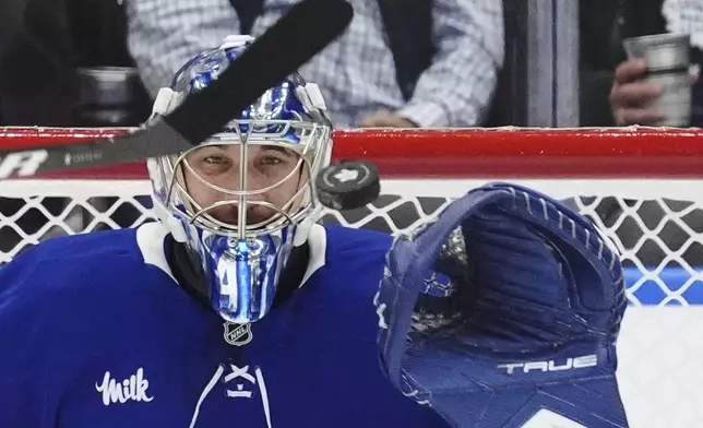 Toronto Maple Leafs goaltender Anthony Stolarz (41) tracks the puck during the second period of an NHL hockey game against the Los Angeles Kings, Wednesday, Oct. 16, 2024 in Toronto. (Frank Gunn/The Canadian Press via AP)