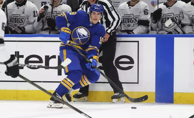 Buffalo Sabres center Peyton Krebs (19) looks to pass the puck during the first period of an NHL hockey game against the Los Angeles Kings, Thursday, Oct. 10, 2024, in Buffalo, N.Y. (AP Photo/Jeffrey T. Barnes)