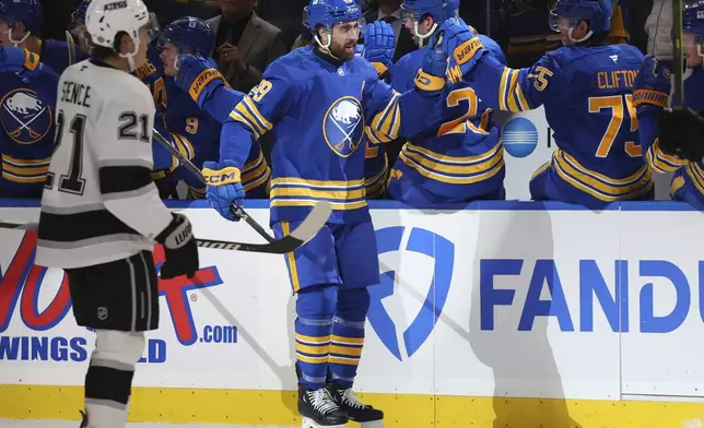 Buffalo Sabres right wing Alex Tuch (89) celebrates his goal during the second period of an NHL hockey game against the Los Angeles Kings Thursday, Oct. 10, 2024, in Buffalo, N.Y. (AP Photo/Jeffrey T. Barnes)