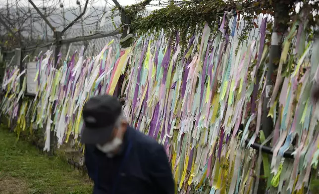 A visitor walks near a wire fence decorated with ribbons written with messages wishing for the reunification of the two Koreas at the Imjingak Pavilion in Paju, South Korea, Tuesday, Oct. 15, 2024. (AP Photo/Lee Jin-man)