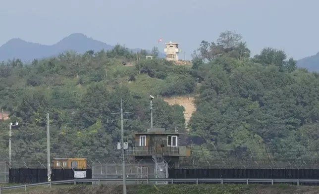 FILE - A North Korean military guard post, top, and a South Korean post, bottom, are seen from Paju, South Korea, near the border with North Korea, Thursday, Oct. 10, 2024. (AP Photo/Ahn Young-joon, File)