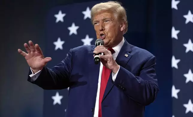 FILE - Republican presidential nominee former President Donald Trump speaks at a campaign town hall Friday, Oct. 4, 2024, in Fayetteville, N.C. (AP Photo/Evan Vucci, File)