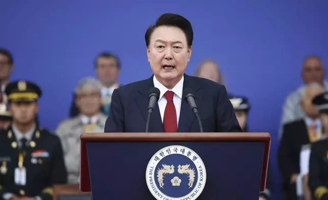 FILE - South Korean President Yoon Suk Yeol delivers his speech during a celebration to mark the 76th anniversary of Korea Armed Forces Day in Seongnam, South Korea, Tuesday, Oct. 1, 2024. (Kim Hong-Ji/Pool Photo via AP, File)