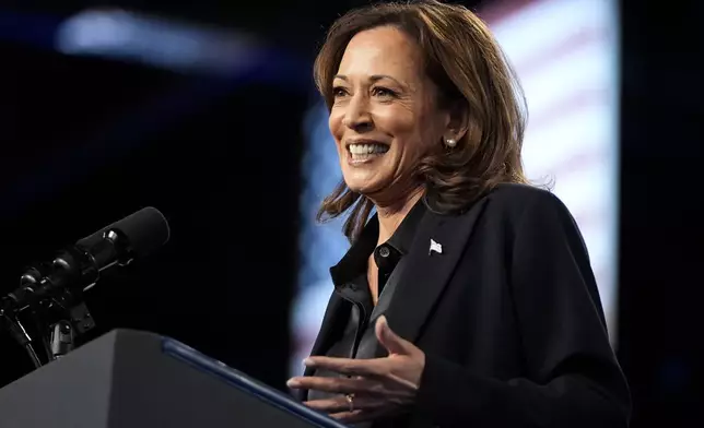 FILE - Democratic presidential nominee Vice President Kamala Harris speaks during a rally at the Dort Financial Center in Flint, Mich., Friday, Oct. 4, 2024. (AP Photo/Mark Schiefelbein, File)