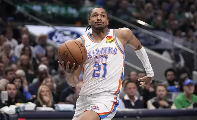 FILE - Oklahoma City Thunder's Aaron Wiggins drives to the basket against the Dallas Mavericks in Game 4 of an NBA basketball second-round playoff series May 13, 2024, in Dallas. (AP Photo/Tony Gutierrez, File)