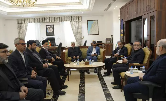 In this photo released by Iranian Foreign Ministry, Iranian Foreign Minister Abbas Araghchi, third right, attends a meeting in Beirut, Lebanon, Friday, Oct. 4, 2024. (Iranian Foreign Ministry via AP)