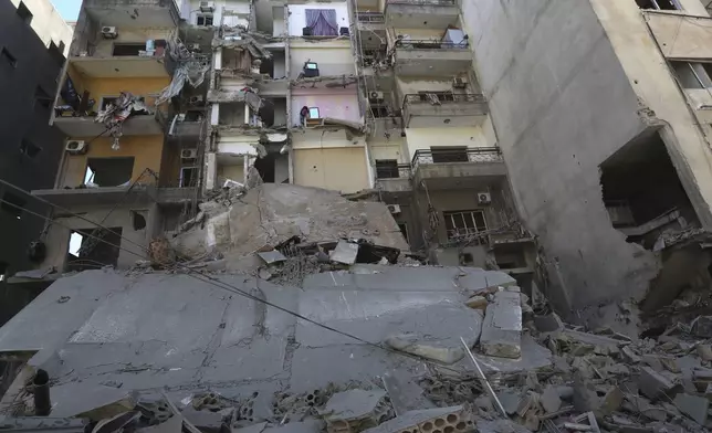 Destroyed buildings at the site that was hit by Israeli airstrikes, in Tyre, south Lebanon, Thursday, Oct. 24, 2024. (AP Photo/Mohammed Zaatari)