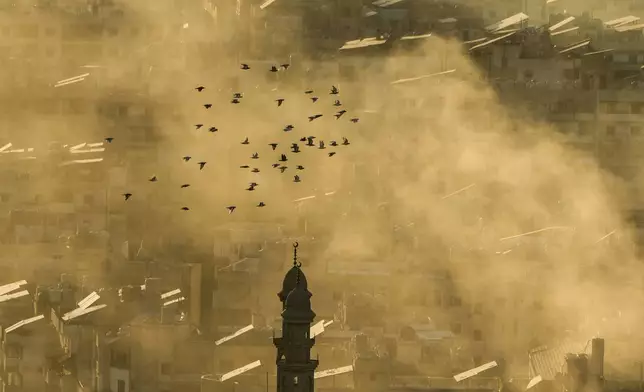 A flock of birds fly as smoke rises from the site of an Israeli airstrike in Dahiyeh, in the southern suburb of Beirut, Lebanon, Thursday, Oct. 24, 2024. (AP Photo/Bilal Hussein)