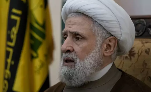 Hezbollah's deputy leader Sheik Naim Kassem, speaks during an interview with The Associated Press in Beirut's southern suburbs, Lebanon, Tuesday, July 2, 2024. (AP Photo/Bilal Hussein)