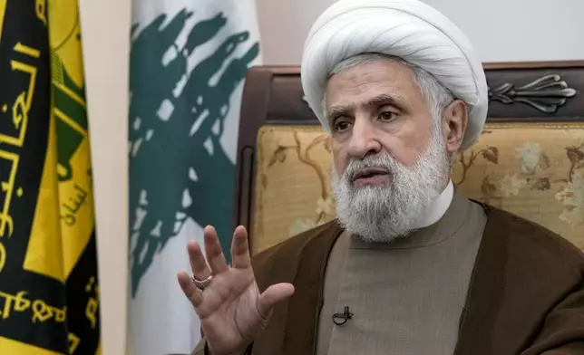 Hezbollah's deputy leader, Sheikh Naim Kassem, speaks during an interview with The Associated Press in Beirut's southern suburbs, Tuesday, July 2, 2024. (AP Photo/Bilal Hussein)