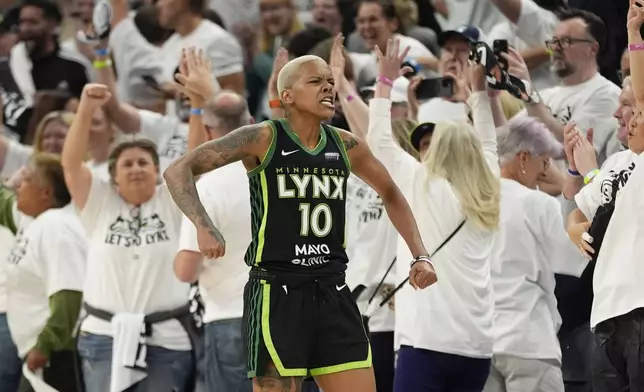 Minnesota Lynx guard Courtney Williams (10) reacts after defeating the New York Liberty after Game 4 of a WNBA basketball final playoff series, Friday, Oct. 18, 2024, in Minneapolis. The Lynx won 82-80, forcing a Game 5 in the series. (AP Photo/Abbie Parr)