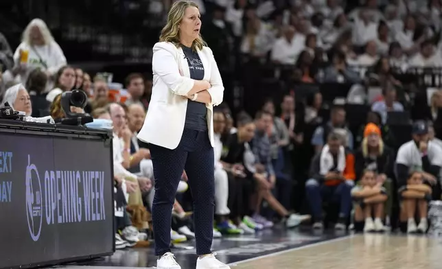 Minnesota Lynx head coach Cheryl Reeve watches from the bench during the second half against the New York Liberty in Game 3 of a WNBA basketball final playoff series, Wednesday, Oct. 16, 2024, in Minneapolis. (AP Photo/Abbie Parr)