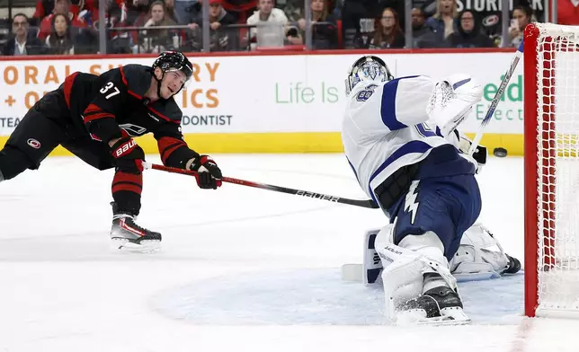 Carolina Hurricanes' Andrei Svechnikov (37) has his shot go wide of Tampa Bay Lightning goaltender Andrei Vasilevskiy (88) during the second period of an NHL hockey game in Raleigh, N.C., Friday, Oct. 11, 2024. (AP Photo/Karl B DeBlaker)