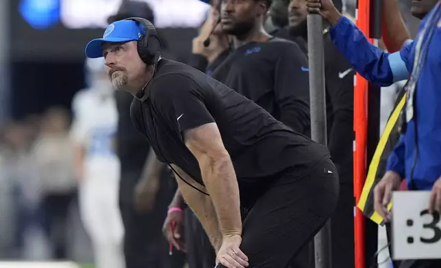 Detroit Lions head coach Dan Campbell watches as the Dallas Cowboys kick a field goal in the first half of an NFL football game in Arlington, Texas, Sunday, Oct. 13, 2024. (AP Photo/LM Otero)