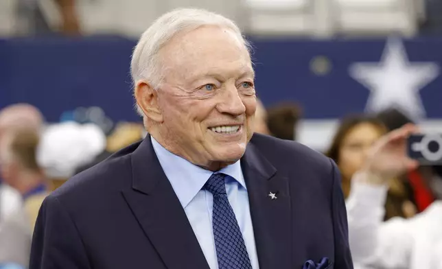 Dallas Cowboys team owner Jerry Jones stands on the field during warmups before an NFL football game against the Detroit Lions in Arlington, Texas, Sunday, Oct. 13, 2024. (AP Photo/Gareth Patterson)