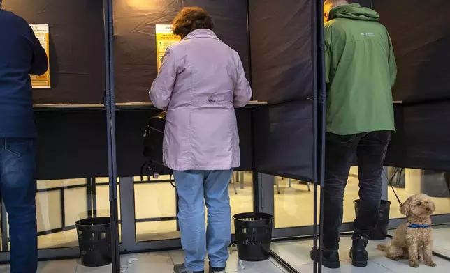 Local residents fills their ballots at a polling station during the advance voting in the first round of a parliamentary election in Vilnius, Lithuania, Wednesday, Oct. 9, 2024. (AP Photo/Mindaugas Kulbis)