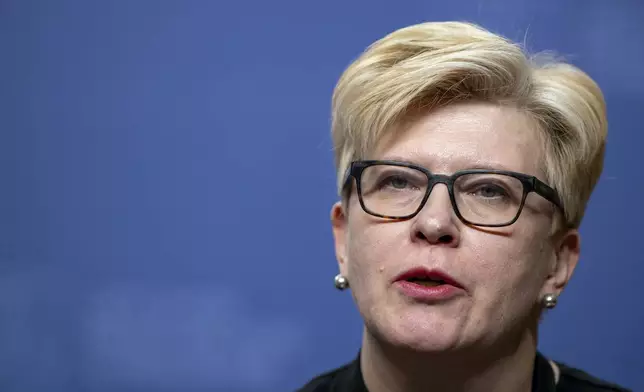 FILE - Lithuania's Prime Minister Ingrida Simonyte speaks during a news conference following his meeting with Poland's Prime Minister Donald Tusk at the government's headquarters in Vilnius, Lithuania, on March 4, 2024. (AP Photo/Mindaugas Kulbis, File)