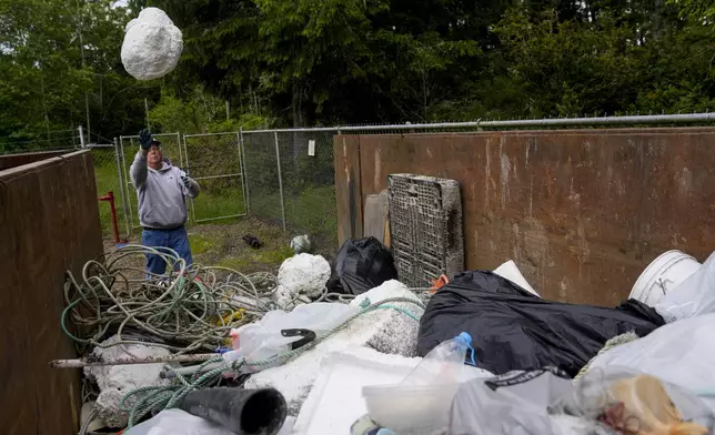 Russ Lewis collects garbage along Long Beach Peninsula in Pacific County, Wash., Monday, June 17, 2024. (AP Photo/Lindsey Wasson)