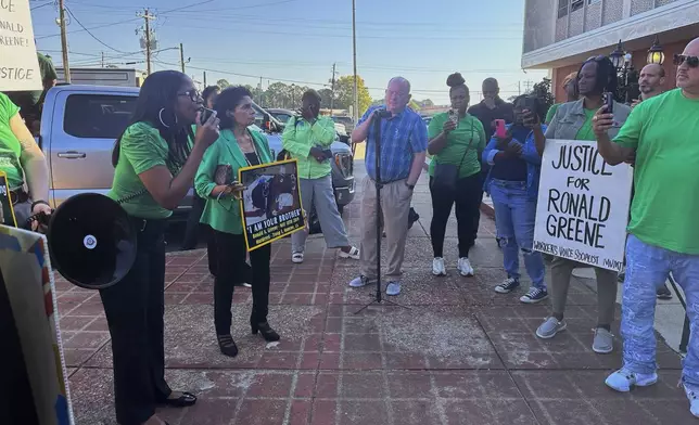 Supporters and family members of Ronald Greene gathered outside the Union Parish Courthouse Monday, Oct. 28, 2024, in Farmerville, La., following a plea hearing and sentencing for former state trooper Kory York. Greene’s mother, Mona Hardin, objected to the plea as “unfair” and urged a judge to reject it. (AP Photo/Jim Mustian)