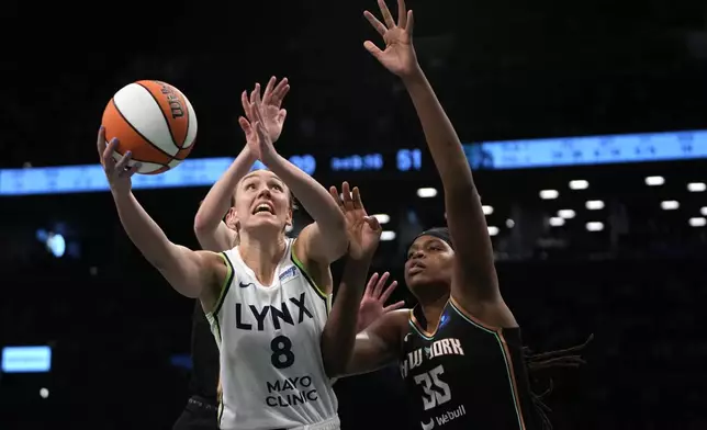 Minnesota Lynx's Alanna Smith, left, shoots against New York Liberty's Jonquel Jones, right, during the second half in Game 2 of a WNBA basketball final playoff series, Sunday, Oct. 13, 2024, in New York. (AP Photo/Pamela Smith)