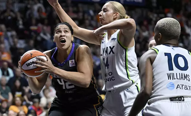 Connecticut Sun forward Brionna Jones (42) looks to shoot as Minnesota Lynx forward Dorka Juhasz (14) defends during the second half of a WNBA basketball semifinal game, Friday, Oct. 4, 2024, in Uncasville, Conn. (AP Photo/Jessica Hill)