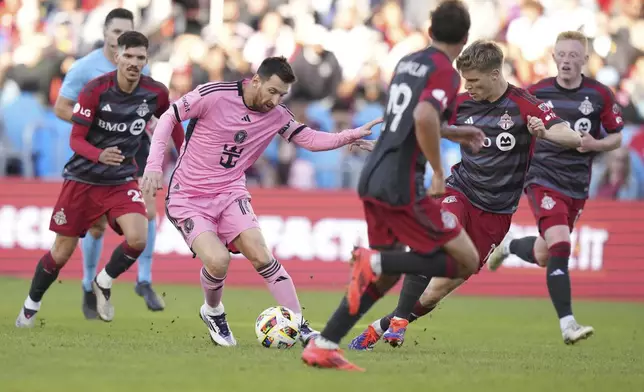 Inter Miami forward Lionel Messi (10) controls the ball during second half an MLS soccer game against Toronto FC in Toronto, Saturday Oct. 5, 2024. (Chris Young/The Canadian Press via AP)