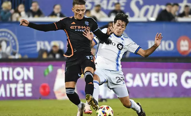 CF Montreal's Caden Clark (right) challenges New York City FC's Hannes Wolf (17) during first half MLS soccer action in Montreal, Saturday, October 19, 2024. (Graham Hughes/The Canadian Press via AP)