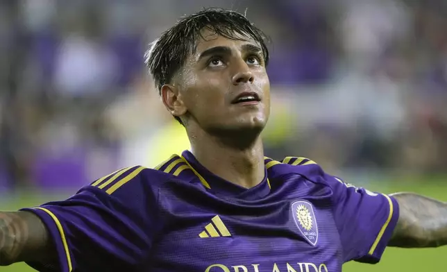 Orlando City forward Facundo Torres celebrates his goal against the Philadelphia Union during the second half of an MLS soccer match, Wednesday, Oct. 2, 2024, in Orlando, Fla. (AP Photo/John Raoux)