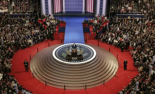 FILE - President George W. Bush addresses the Republican National Convention at Madison Square Garden in New York, Thursday, Sept. 2, 2004. (AP Photo/Stephan Savoia, File)