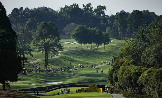 Moriya Jutanugarn of Thailand tees off on the third hole during the second round of Maybank LPGA Championship golf tournament at Kuala Lumpur Golf and Country club in Kuala Lumpur, Thursday, Oct. 24, 2024. (AP Photo/Vincent Thian)