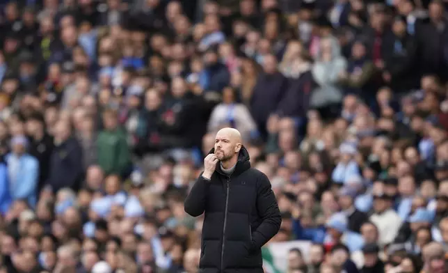 FILE - Manchester United's head coach Erik ten Hag watches the play during an English Premier League soccer match between Manchester City and Manchester United at the Etihad Stadium in Manchester, England, Sunday, March 3, 2024. (AP Photo/Dave Thompson, File)