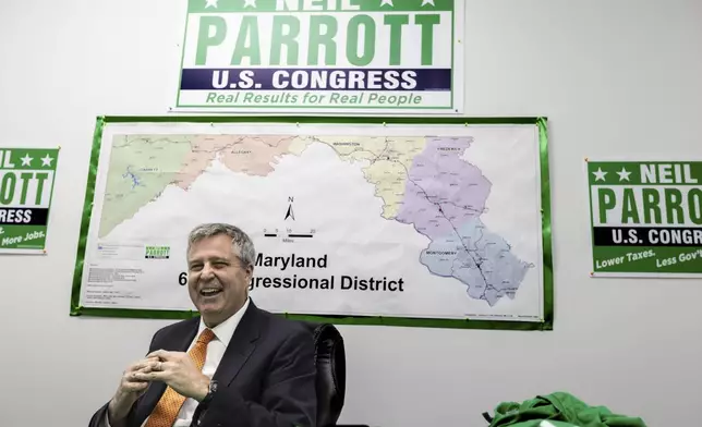 Neil Parrott, Republican candidate for Maryland's Sixth Congressional District, speaks during an interview with The Associated Press, Friday, Oct. 11, 2024, in Frederick, Md. (AP Photo/Alyssa Howell)