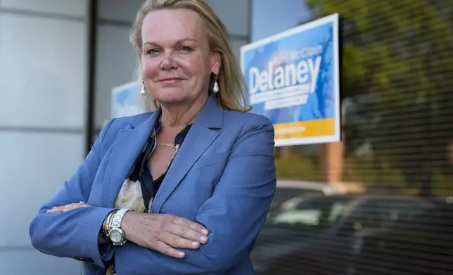 April McClain-Delaney, Democratic candidate for Maryland's Sixth Congressional District, poses for a portrait, Thursday, Oct. 10, 2024, in Gaithersburg, Md. (AP Photo/Stephanie Scarbrough)