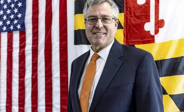 Neil Parrott, Republican candidate for Maryland's Sixth Congressional District, poses for a portrait after speaking during a press conference, Friday, Oct. 11, 2024, in Frederick, Md. (AP Photo/Alyssa Howell)