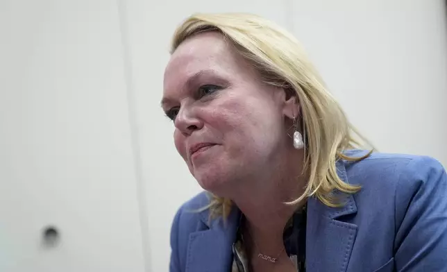 April McClain-Delaney, Democratic candidate for Maryland's Sixth Congressional District, speaks during an interview with The Associated Press, Thursday, Oct. 10, 2024, in Gaithersburg, Md. (AP Photo/Stephanie Scarbrough)