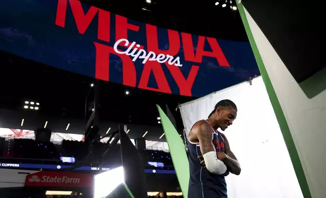 LA Clippers guard Kevin Porter Jr. poses during the NBA basketball team's media day, Monday, Sept. 30, 2024, in Inglewood. (AP Photo/Ryan Sun)