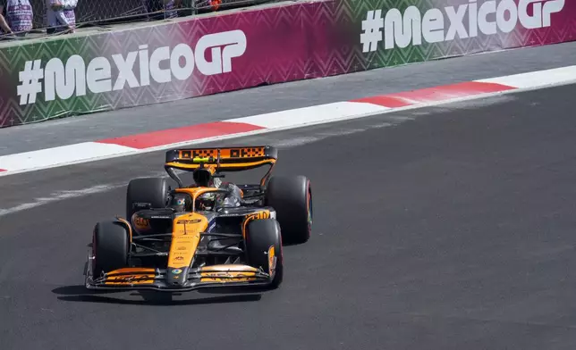 McLaren driver Pato O'Ward, of Mexico, steers his car during the first free practice ahead of the Formula One Mexico Grand Prix auto race at the Hermanos Rodriguez racetrack in Mexico City, Friday, Oct. 25, 2024. (AP Photo/Moises Castillo)