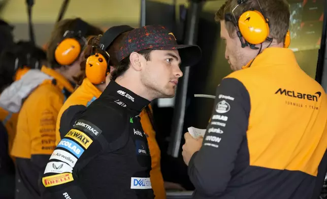 McLaren driver Pato O'Ward, of Mexico, receives instructions during the first free practice ahead of the Formula One Mexico Grand Prix auto race at the Hermanos Rodriguez racetrack in Mexico City, Friday, Oct. 25, 2024. (AP Photo/Moises Castillo)