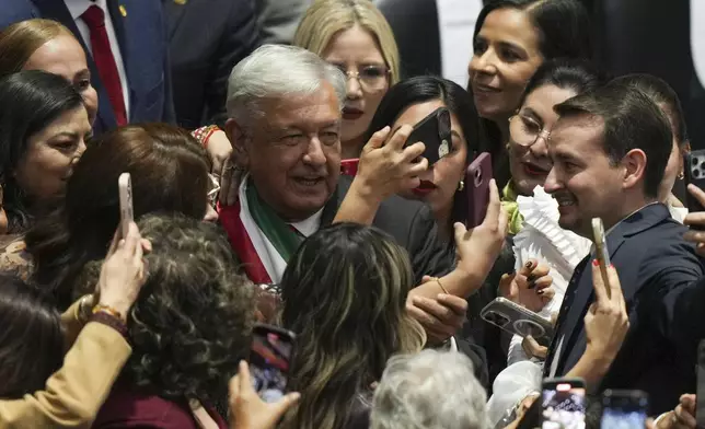 Outgoing President Andrés Manuel López Obrador arrives at Congress for the swearing-in of Claudia Sheinbaum as Mexico's new president in Mexico City, Tuesday, Oct. 1, 2024. (AP Photo/Fernando Llano)