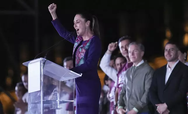 FILE - Ruling party presidential candidate Claudia Sheinbaum addresses supporters at the Zocalo, Mexico City's main square, after the National Electoral Institute announced she held an irreversible lead in the election, June 3, 2024. (AP Photo/Marco Ugarte, File)