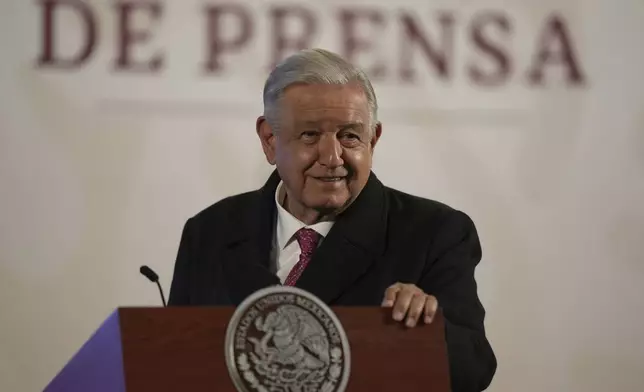 Mexican President Andres Manuel Lopez Obrador holds his last morning press conference, "La Mañanera," at the National Palace in Mexico City, Monday, Sept. 30, 2024. (AP Photo/Fernando Llano)