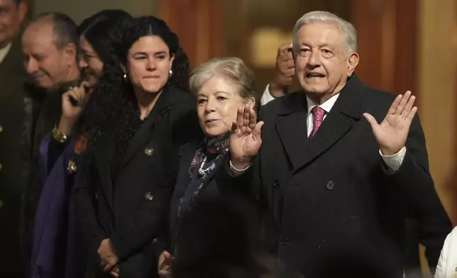 Mexican President Andres Manuel Lopez Obrador holds his last morning press conference, "La Mañanera," at the National Palace in Mexico City, Monday, Sept. 30, 2024. (AP Photo/Fernando Llano)