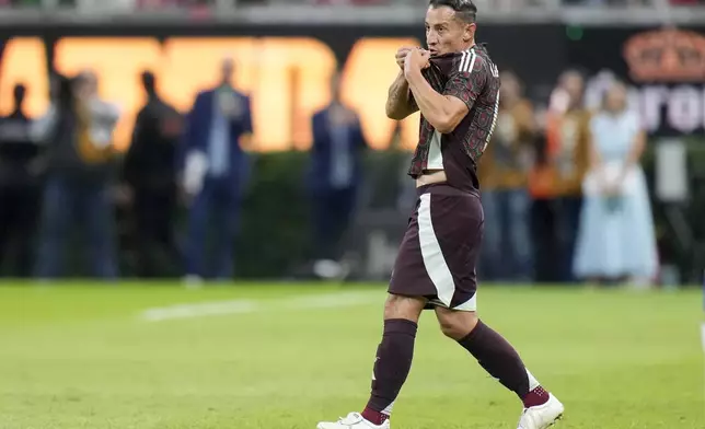 Mexico's Andrés Guardado leaves the pitch after being substituted during an international friendly soccer match against the United States at Akron Stadium in Guadalajara, Mexico, Tuesday, Oct. 15, 2024. (AP Photo/Eduardo Verdugo)