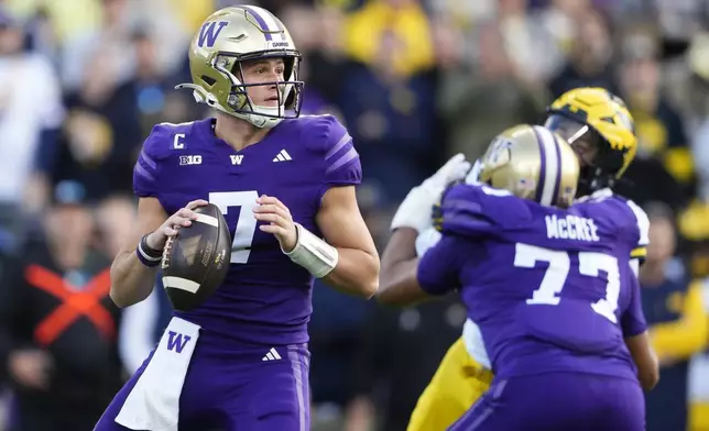 Washington quarterback Will Rogers looks to pass against Michigan during the first half of an NCAA college football game Saturday, Oct. 5, 2024, in Seattle. (AP Photo/Lindsey Wasson)