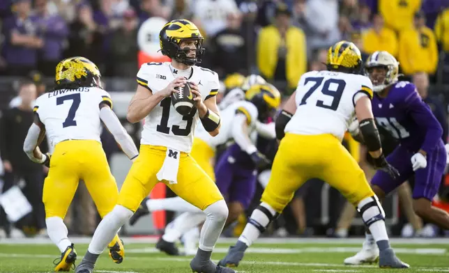 Michigan quarterback Jack Tuttle (13) looks to pass against Washington during the first half of an NCAA college football game Saturday, Oct. 5, 2024, in Seattle. (AP Photo/Lindsey Wasson)