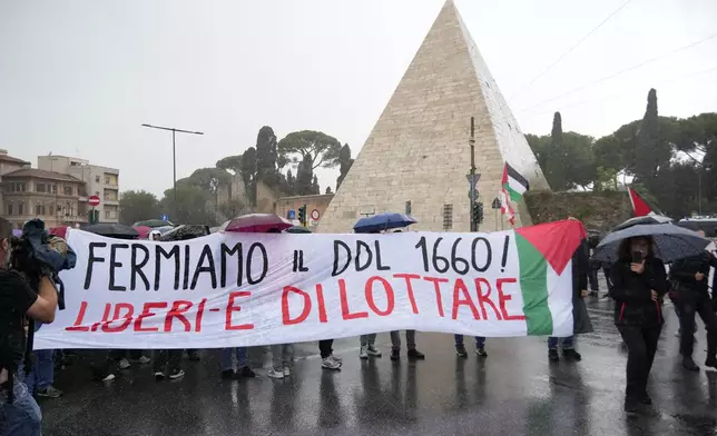 People stand during a protest in Rome, Saturday, Oct. 5, 2024. Pro-palestinians people take to the street in an unauthorised march in the centre of Rome two days ahead of the first anniversary of the Oct. 7. (AP Photo/Andrew Medichini)